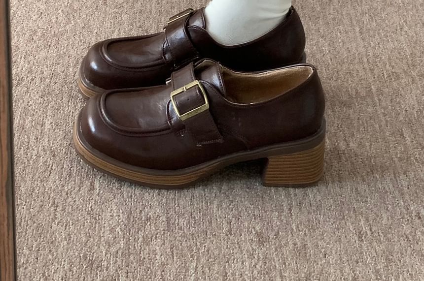 Chunky Heel Plain Buckled Faux Leather Shoes
