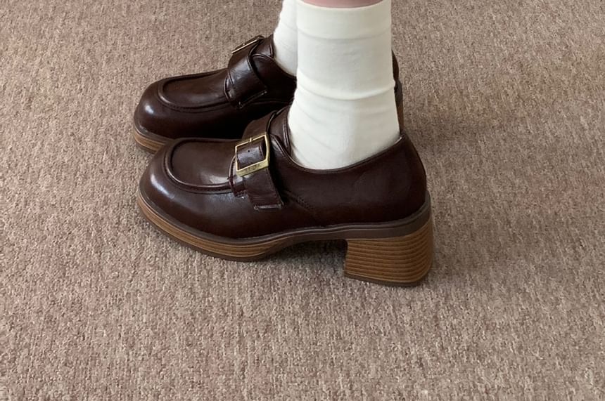 Chunky Heel Plain Buckled Faux Leather Shoes