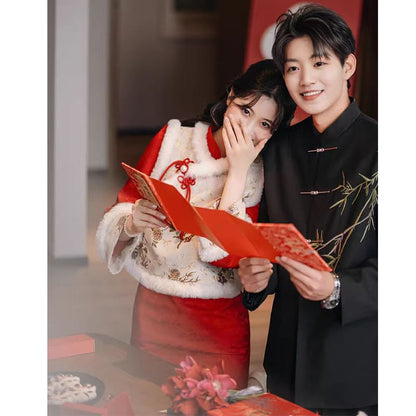 Set: Flared-Sleeve Floral Midi Wedding Qipao + Fluffy Trim Vest
