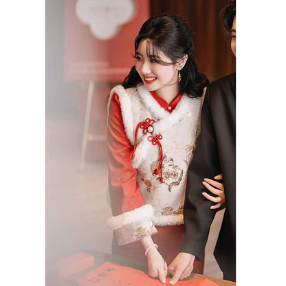 Set: Flared-Sleeve Floral Midi Wedding Qipao + Fluffy Trim Vest