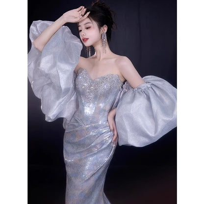 Ruched Evening Gown Strapless Sequin Mermaid