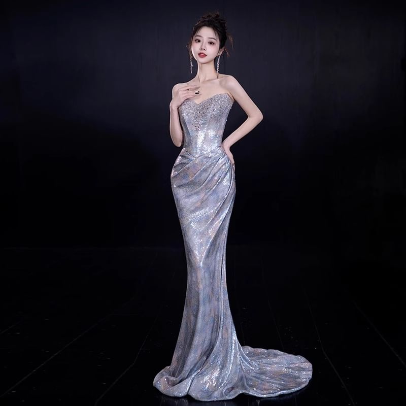 Strapless Sequin Ruched Mermaid Evening Gown