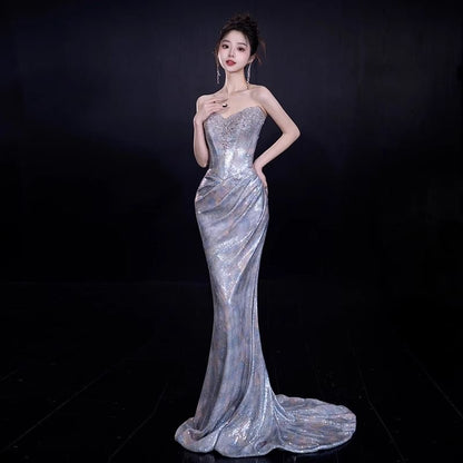 Strapless Sequin Ruched Mermaid Evening Gown