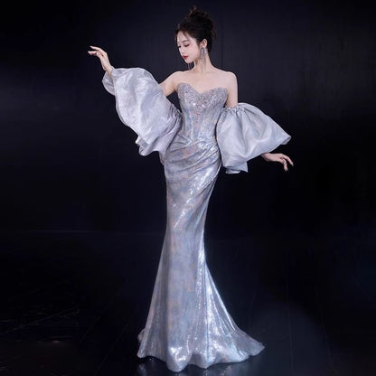 Ruched Evening Gown Strapless Sequin Mermaid