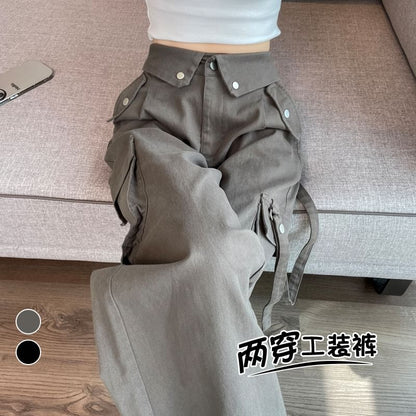 High Rise Plain Wide Leg Cargo Pants
