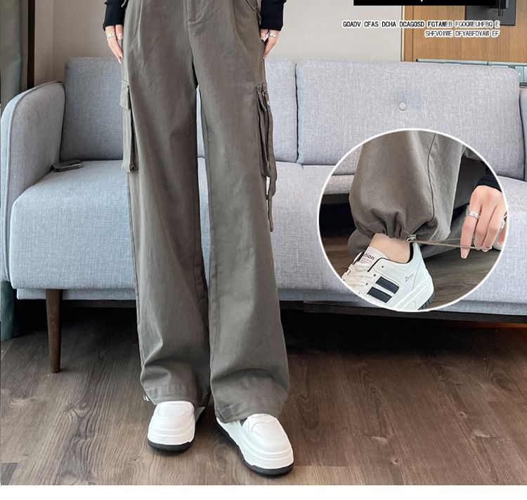 High Rise Plain Wide Leg Cargo Pants