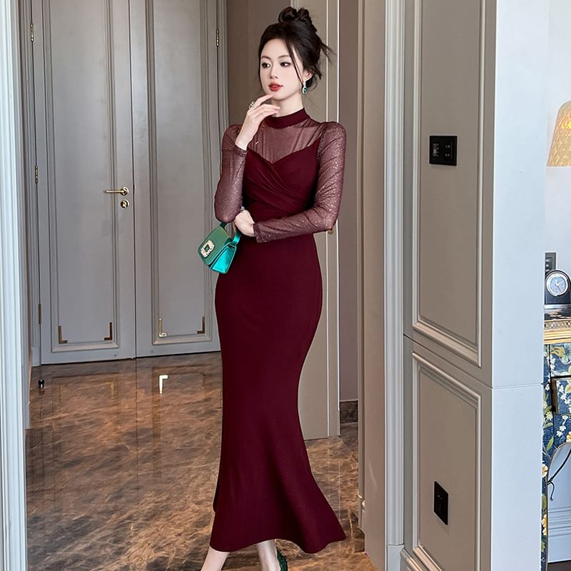 Long-Sleeve High Neck Rhinestone Mermaid Cocktail Dress
