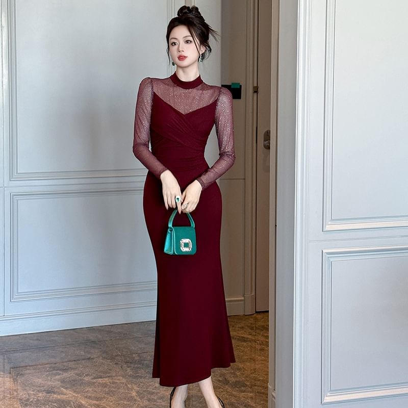Long-Sleeve High Neck Rhinestone Mermaid Cocktail Dress