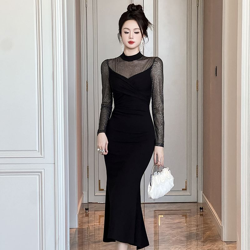 Long-Sleeve High Neck Rhinestone Mermaid Cocktail Dress
