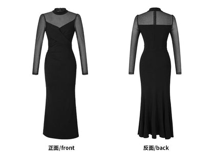Long-Sleeve High Neck Rhinestone Mermaid Cocktail Dress