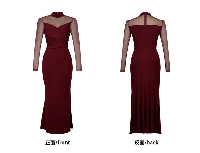 Long-Sleeve High Neck Rhinestone Mermaid Cocktail Dress