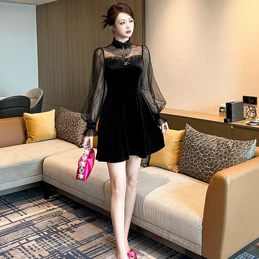 Puff-Sleeve High Neck Dotted A-Line Velvet Cocktail Dress