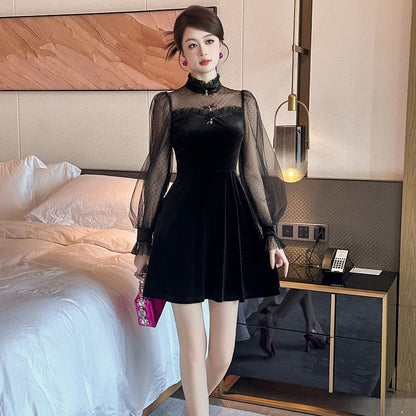 Puff-Sleeve High Neck Dotted A-Line Velvet Cocktail Dress