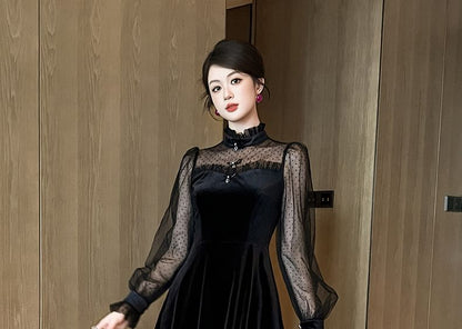 Puff-Sleeve High Neck Dotted A-Line Velvet Cocktail Dress