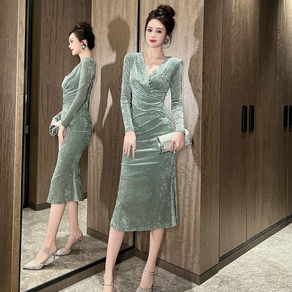 Long-Sleeve V-Neck Velvet Wrap A-Line Cocktail Dress