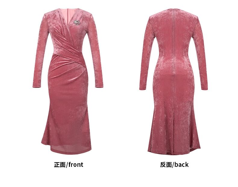 Long-Sleeve V-Neck Velvet Wrap A-Line Cocktail Dress