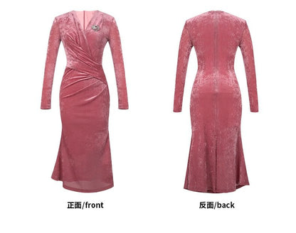 Long-Sleeve V-Neck Velvet Wrap A-Line Cocktail Dress