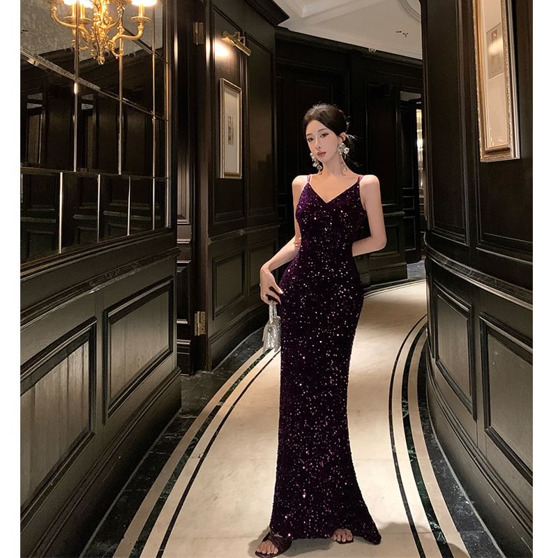 Spaghetti Strap Sequined Cross Back A-Line Evening Gown