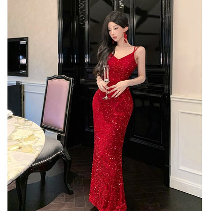 Spaghetti Strap Sequined Cross Back A-Line Evening Gown