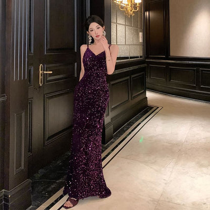 Spaghetti Strap Sequined Cross Back A-Line Evening Gown