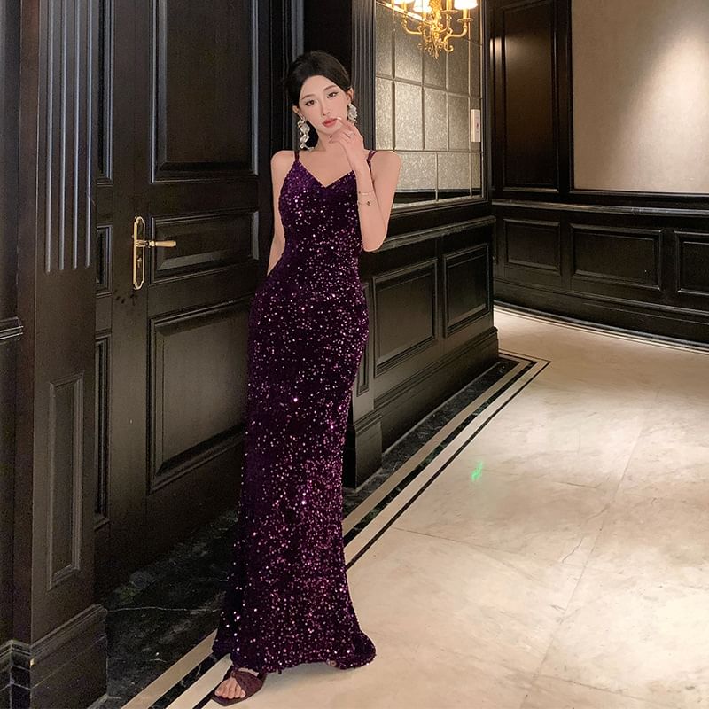 Spaghetti Strap Sequined Cross Back A-Line Evening Gown