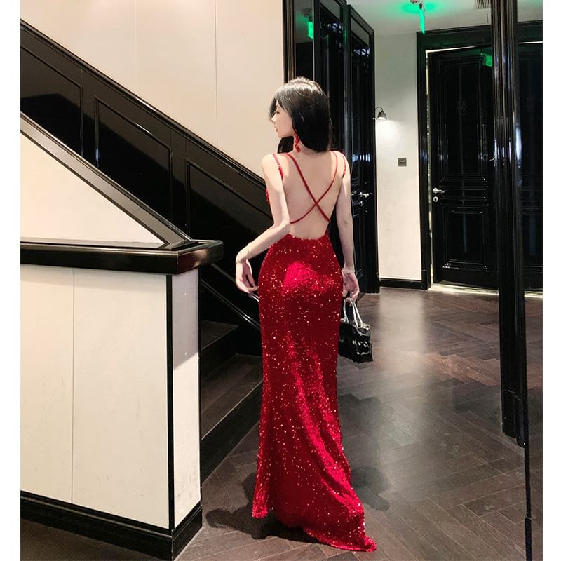 Spaghetti Strap Sequined Cross Back A-Line Evening Gown