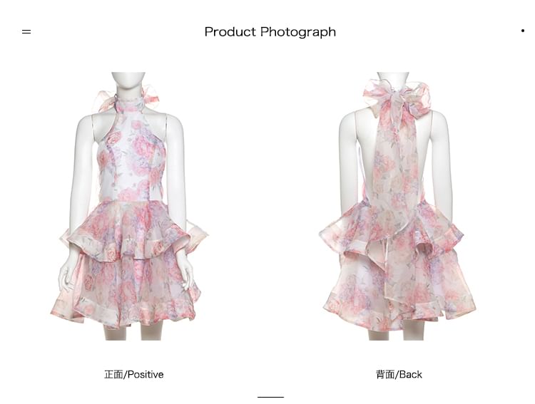 Halter Neck Floral Ruffle Mini Cocktail Party Dress