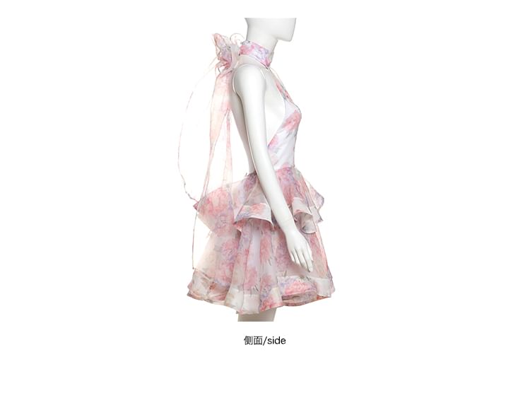 Halter Neck Floral Ruffle Mini Cocktail Party Dress