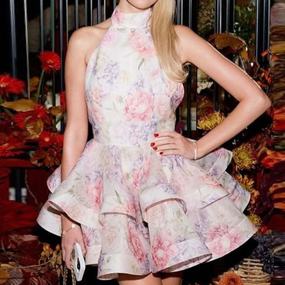 Halter Neck Floral Ruffle Mini Cocktail Party Dress