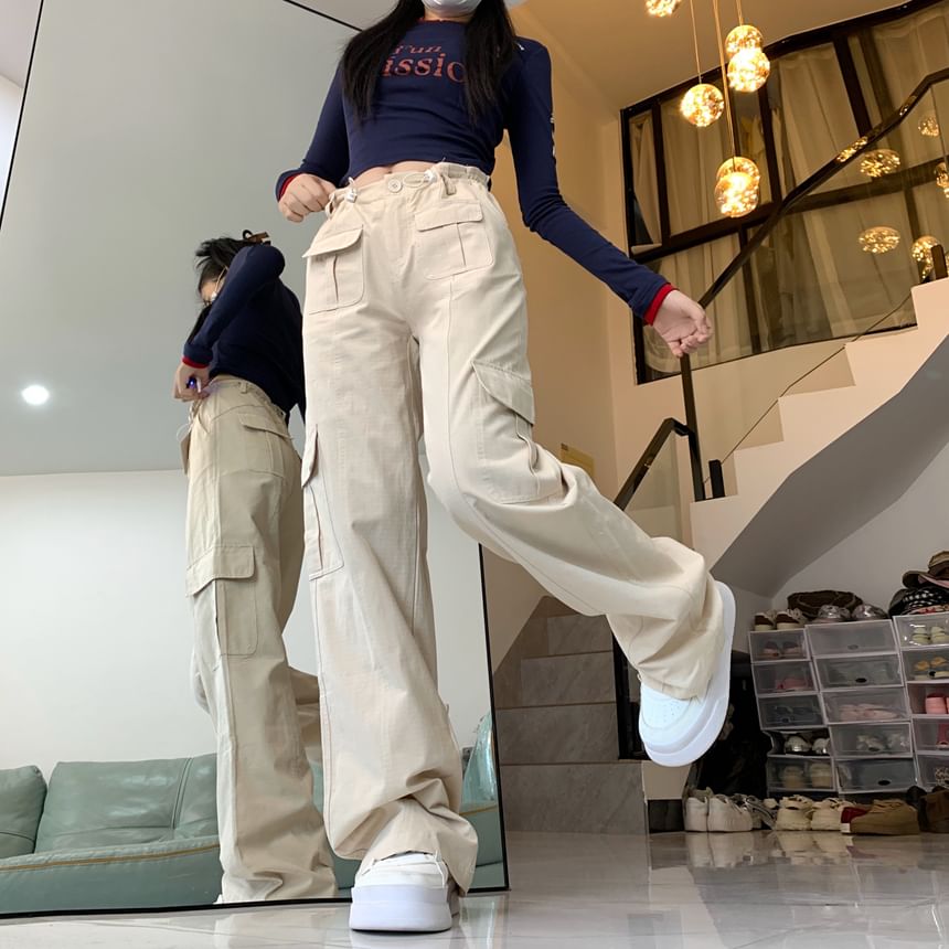 Mid Waist Plain Baggy Cargo Pants