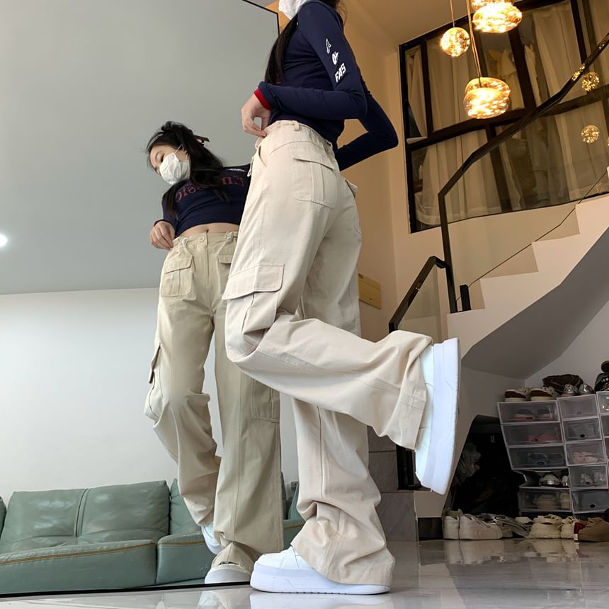 Mid Waist Plain Baggy Cargo Pants