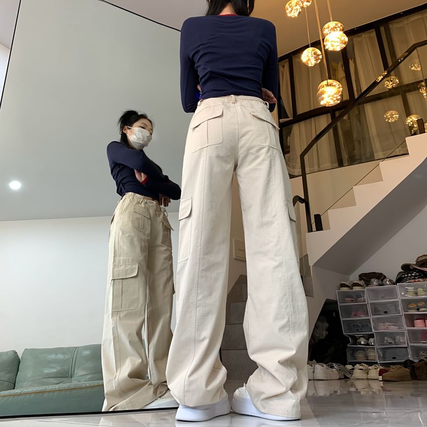 Mid Waist Plain Baggy Cargo Pants