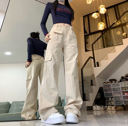 Mid Waist Plain Baggy Cargo Pants