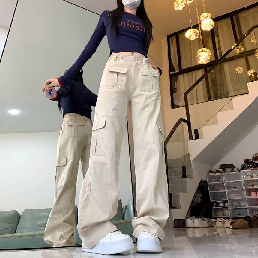 Mid Waist Plain Baggy Cargo Pants