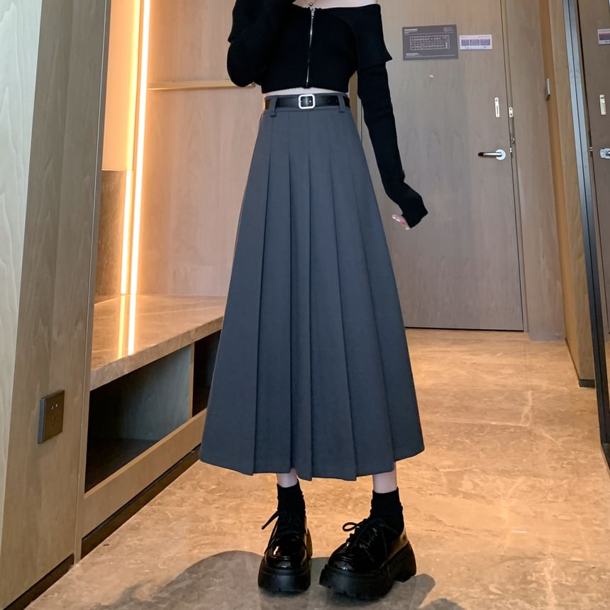 High Waist Plain Accordion Pleated Midi A-Line Skirt