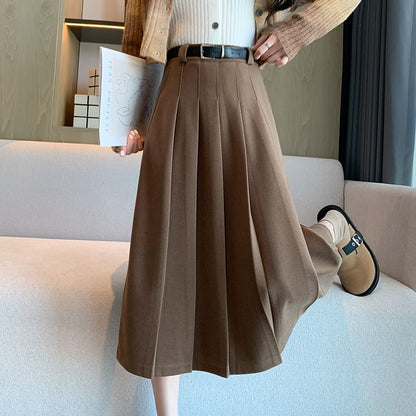 High Waist Plain Accordion Pleated Midi A-Line Skirt