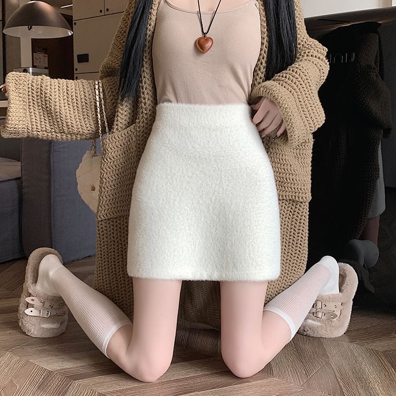 High Rise Plain Fluffy Mini Pencil Skirt