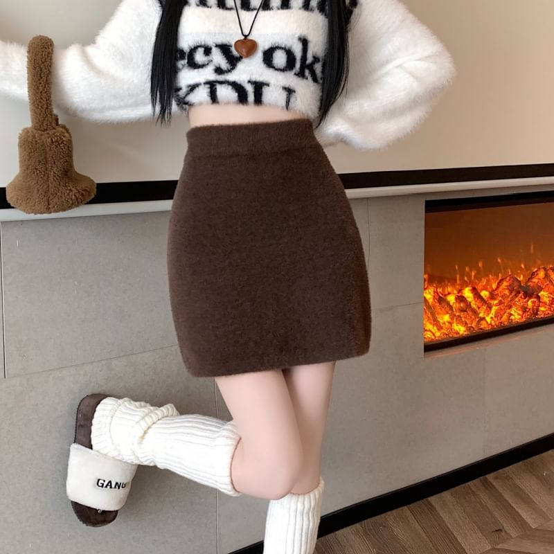High Rise Plain Fluffy Mini Pencil Skirt