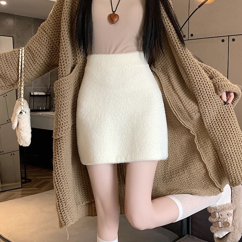 High Rise Plain Fluffy Mini Pencil Skirt