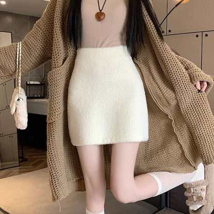 High Rise Plain Fluffy Mini Pencil Skirt