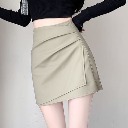 High Waist Plain Ruched Asymmetrical Faux Leather Mini Pencil Skirt
