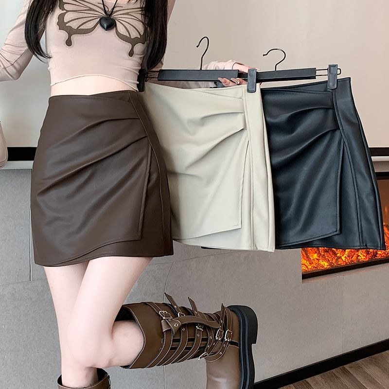 High Waist Plain Ruched Asymmetrical Faux Leather Mini Pencil Skirt