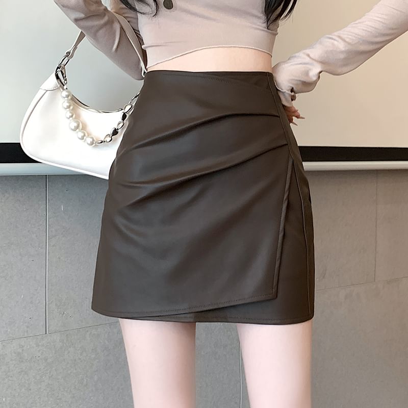High Waist Plain Ruched Asymmetrical Faux Leather Mini Pencil Skirt