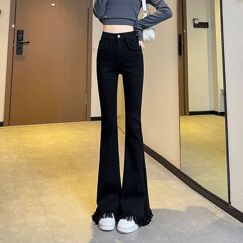 High Waist Fringed Hem Flared Pants (Various Designs)
