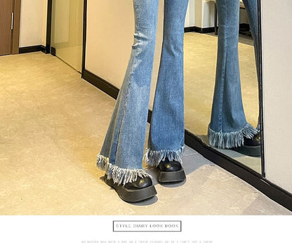 High Waist Fringed Hem Flared Pants (Various Designs)