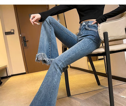 High Waist Fringed Hem Flared Pants (Various Designs)