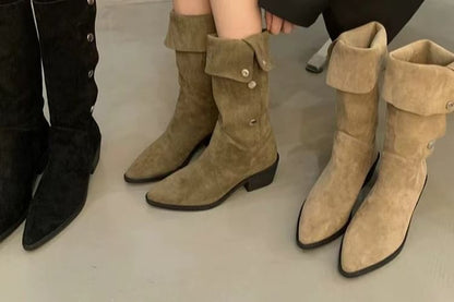 Pointed Toe Button Faux Suede Knee High Boots