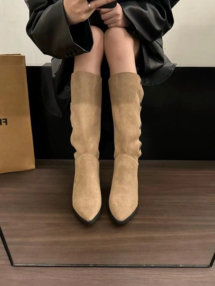 Pointed Toe Button Faux Suede Knee High Boots