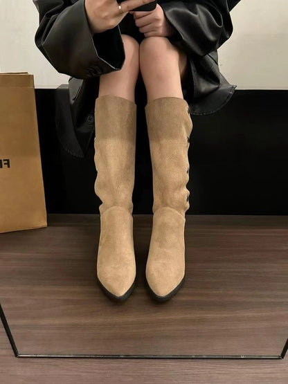 Pointed Toe Button Faux Suede Knee High Boots