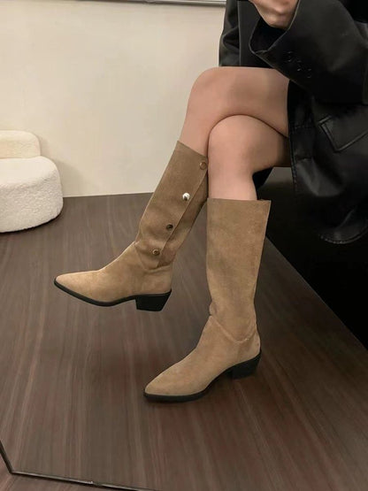 Pointed Toe Button Faux Suede Knee High Boots